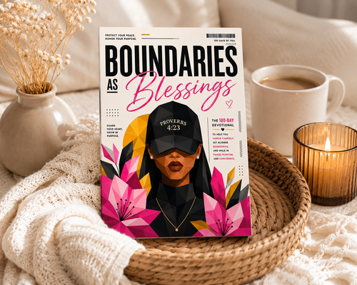 A magazine titled 'Boundaries as Blessings' is displayed on a woven tray next to a cup of coffee, a lit candle, and a cream knit blanket. The cover features a stylized illustration of a woman wearing a black cap with 'PROVERBS 4:23' on it, surrounded by pink flowers.