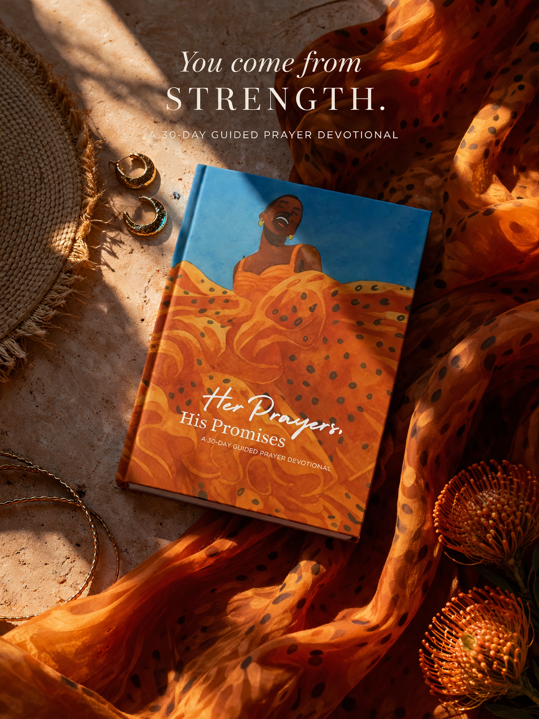 Book titled 'Her Prayers, His Promises' on a textured surface with decorative elements.