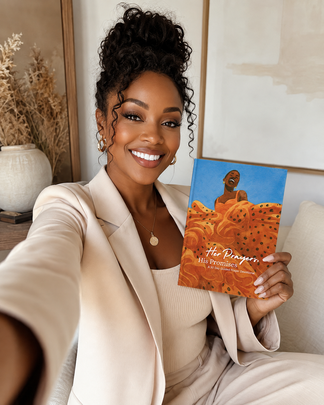 A woman in a beige blazer and matching top holds up a book titled 'The Prayer: His Promise' in a warm, indoor setting with framed art and dried flowers in the background.