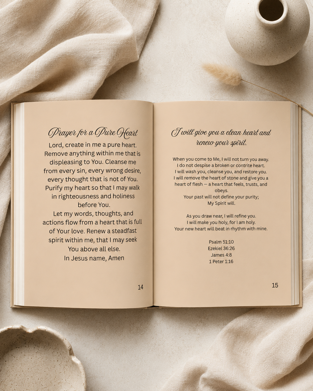An open book laid flat on beige fabric, showing two printed prayer pages with black text. A white ceramic mug sits in the upper right corner.
