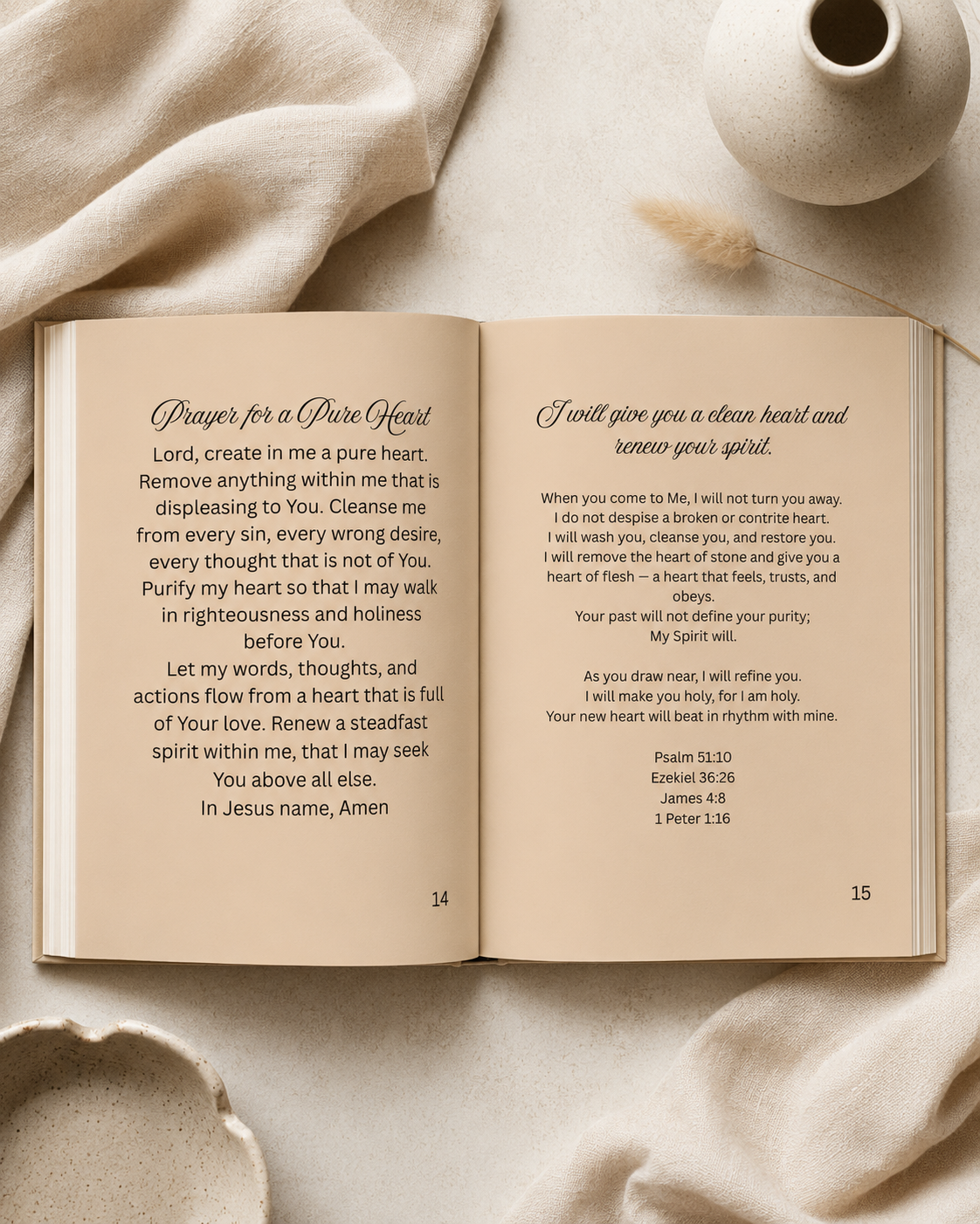 An open book laid flat on beige fabric, showing two printed prayer pages with black text. A white ceramic mug sits in the upper right corner.