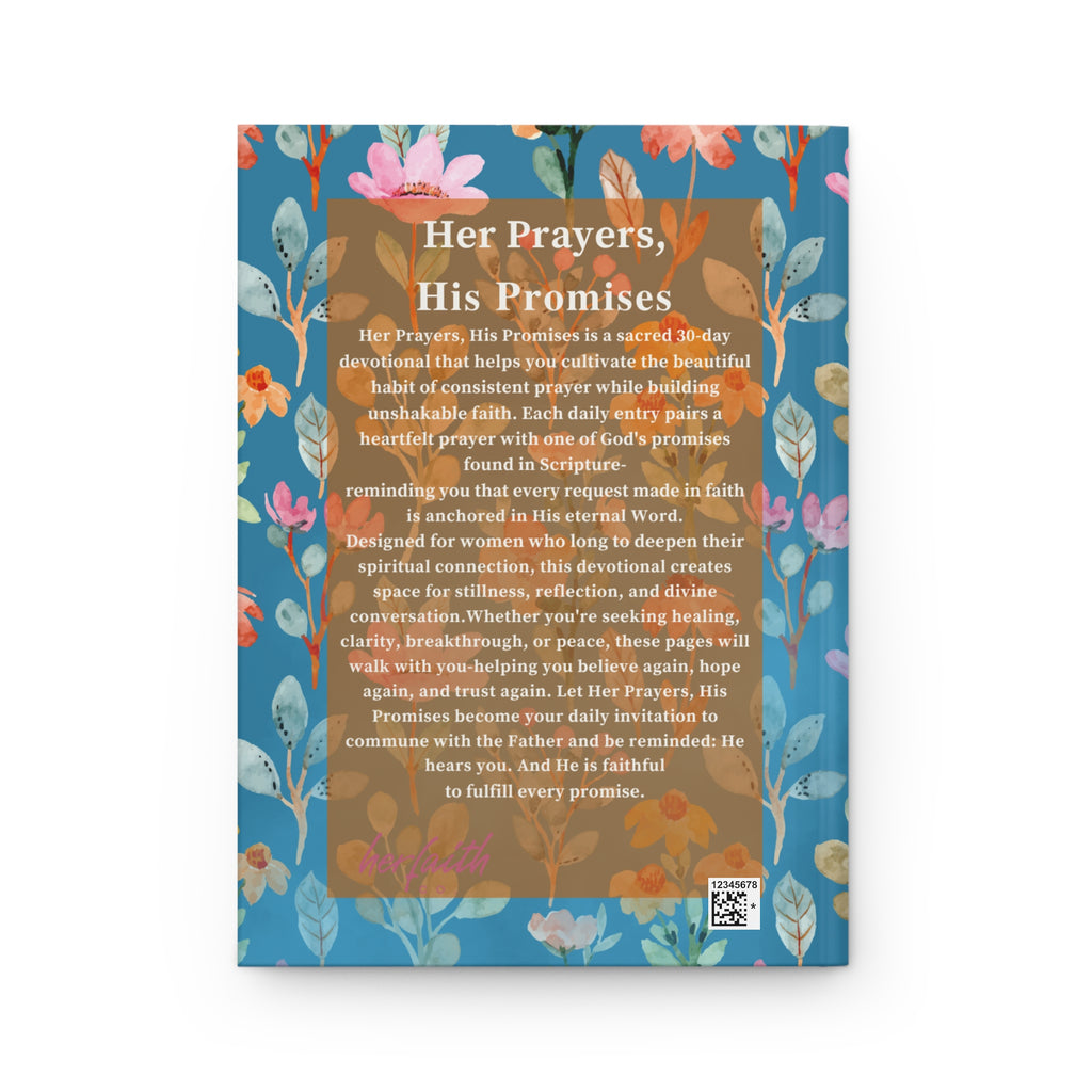 A 28-day devotional booklet titled 'Her Prayers, His Promises' featuring a central brown text panel surrounded by a colorful floral border with blue, pink, orange, and green leaves on a white background.