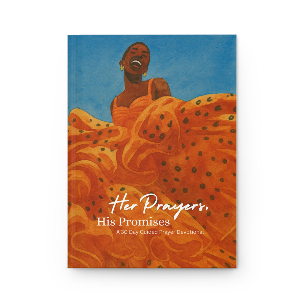 A book cover for 'Her Prayers, His Promises: A 30 Day Guided Prayer Devotional' featuring an illustration of a woman in a flowing orange dress against a blue sky, shown on a white background.