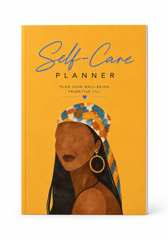 A hardcover planner titled 'Self-Care PLANNER' with a mustard yellow cover, blue script text, and an illustrated woman wearing a patterned headscarf. The planner is photographed standing upright against a clean white background.