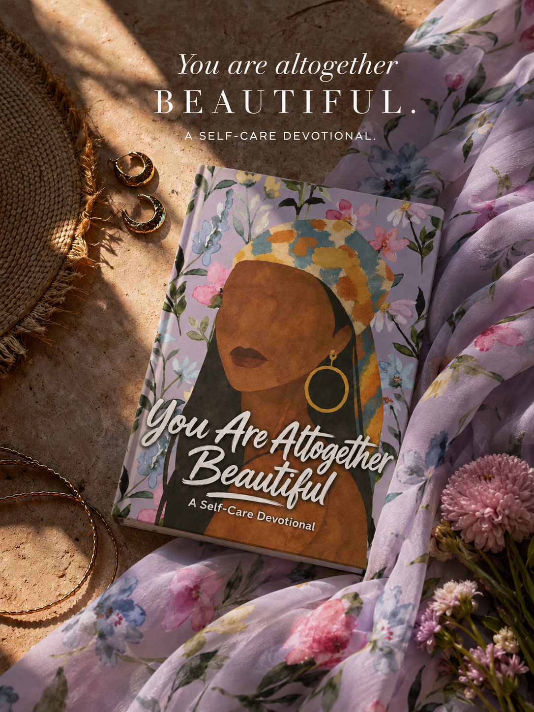 A book titled 'You Are Altogether Beautiful. A Self-Care Devotional' is displayed in a styled flat-lay arrangement with a lavender floral scarf, pink flowers, gold hoop earrings, and a woven hat on a sandy surface.