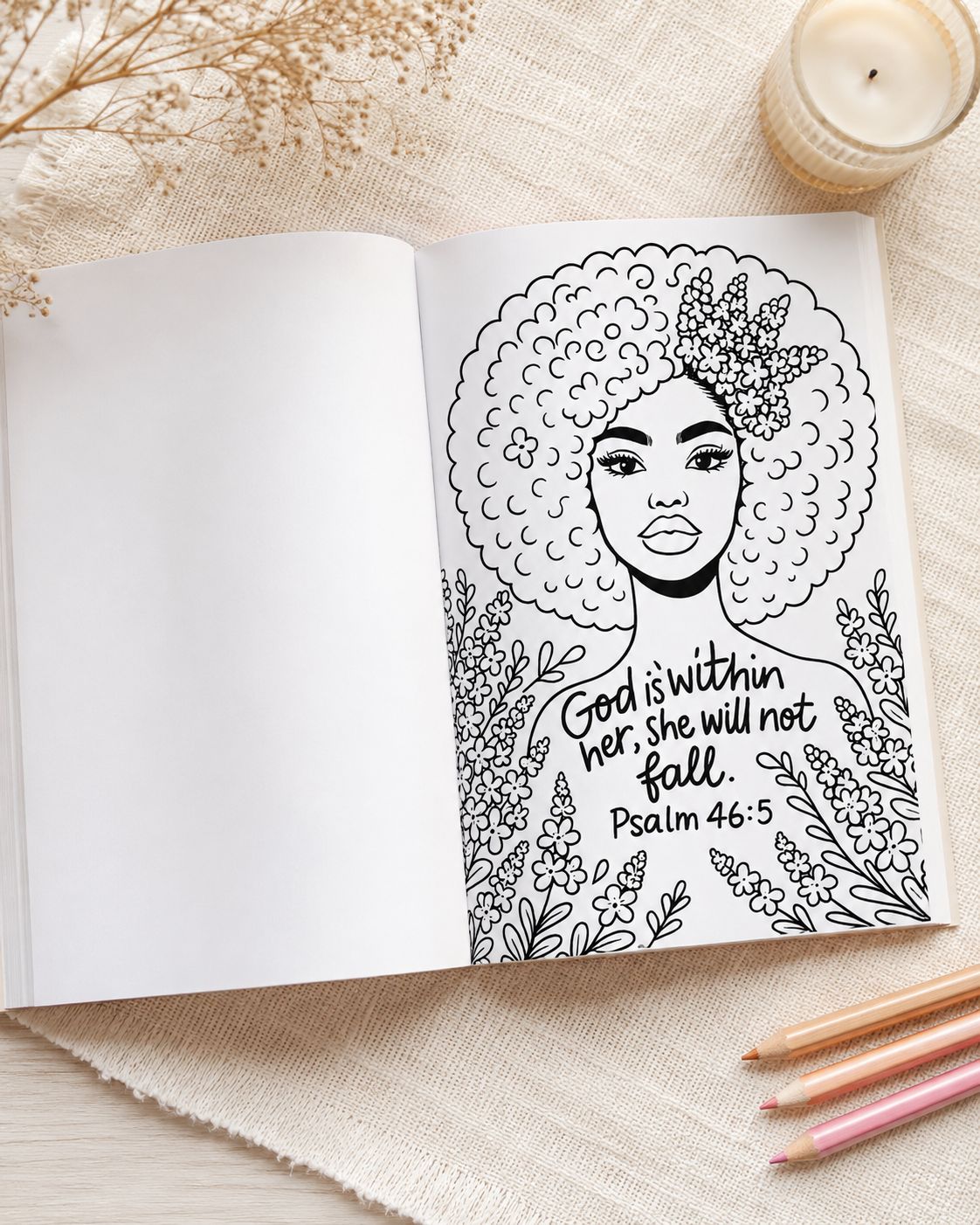 Blessed Is She Christian adult coloring book for Black women with floral illustrated cover
