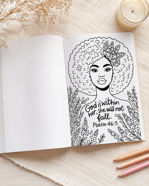 Blessed Is She Christian adult coloring book for Black women with floral illustrated cover
