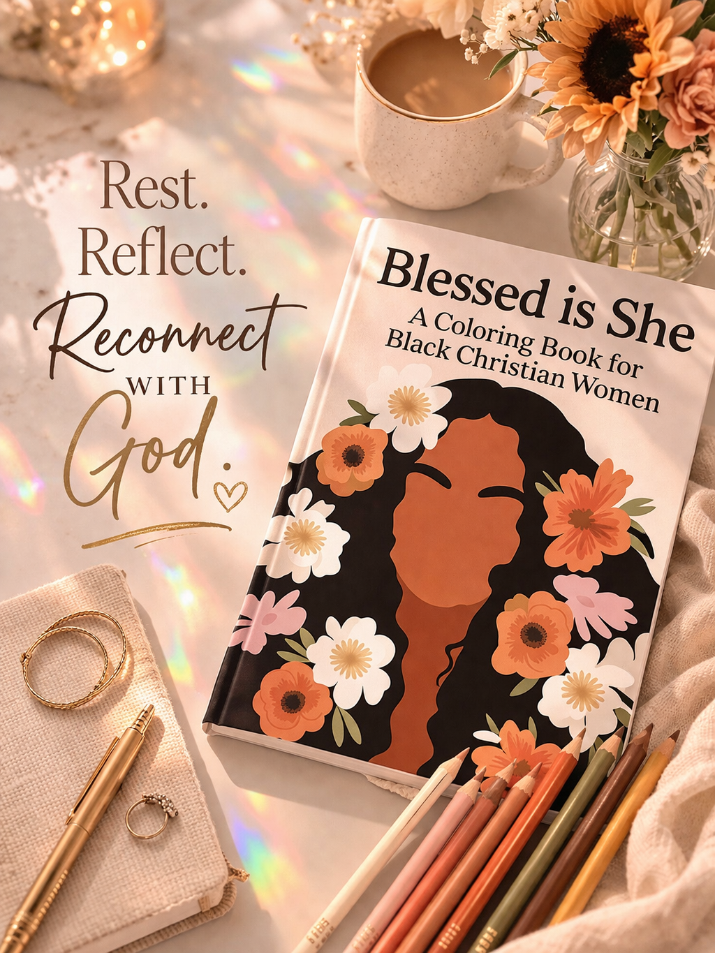 Blessed Is She Christian adult coloring book for Black women with floral illustrated cover