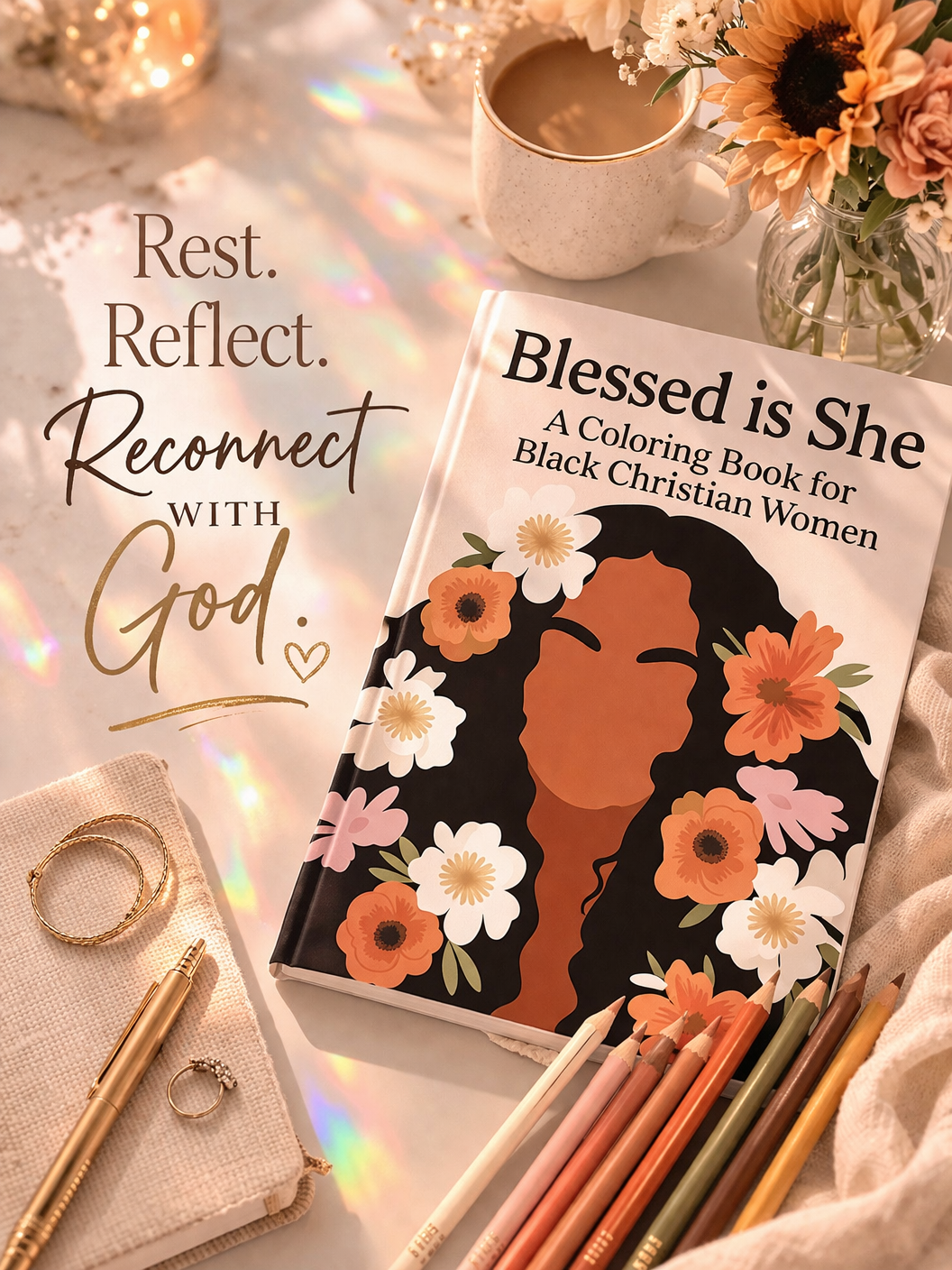 Blessed Is She Christian adult coloring book for Black women with floral illustrated cover